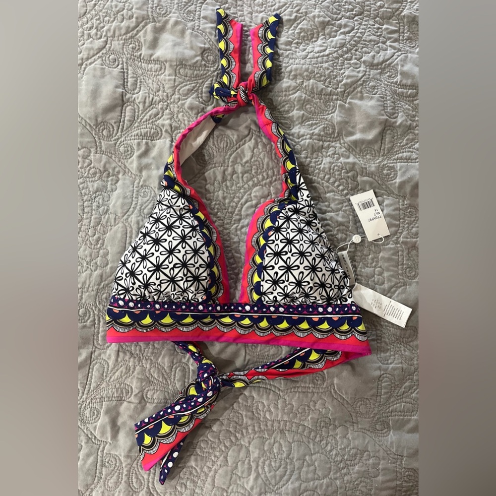 NWT Trina Turk Tanzania Multicolor Halter Tie Neck Swim Bikini Top Size 14 - Picture 4 of 10